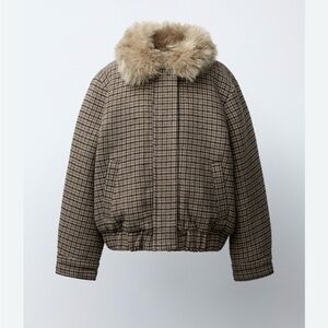 Zara Brown Plaid Teddy Jacket with Faux Fur Collar